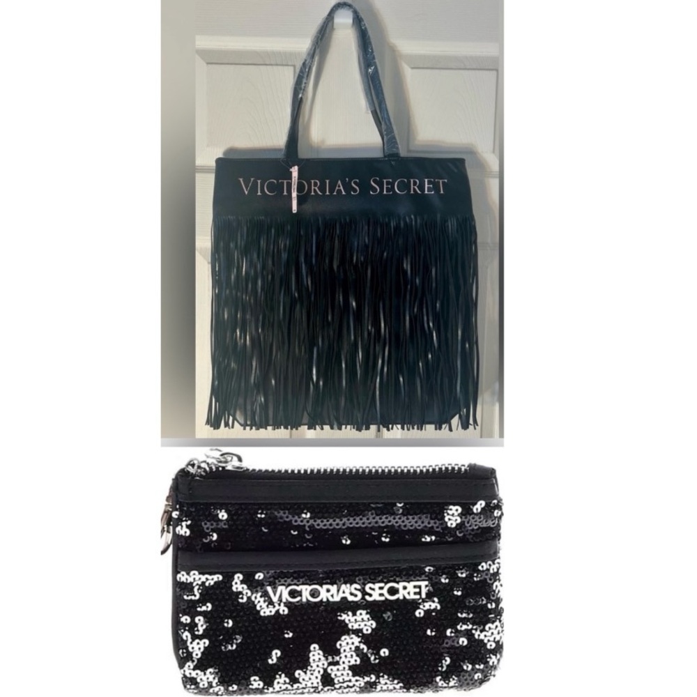 2-Victoria's Secret Limited Edition Black Tassel Faux Leather/coin sequins bags